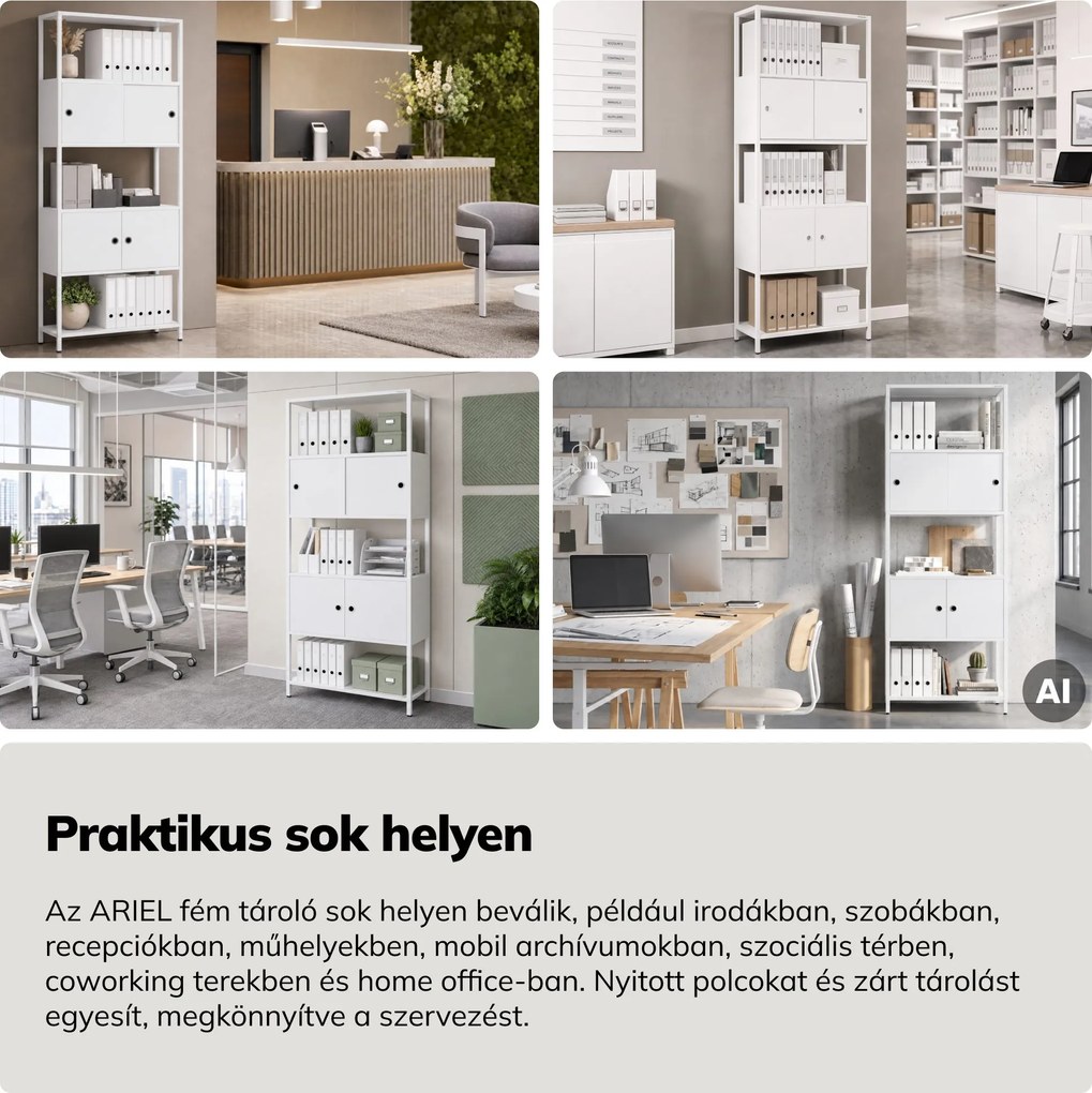 Iratrendező polc zárható szekrénnyel, irodai, nyitott polcok, fém fehér, 800x2200x400 mm: ARIEL