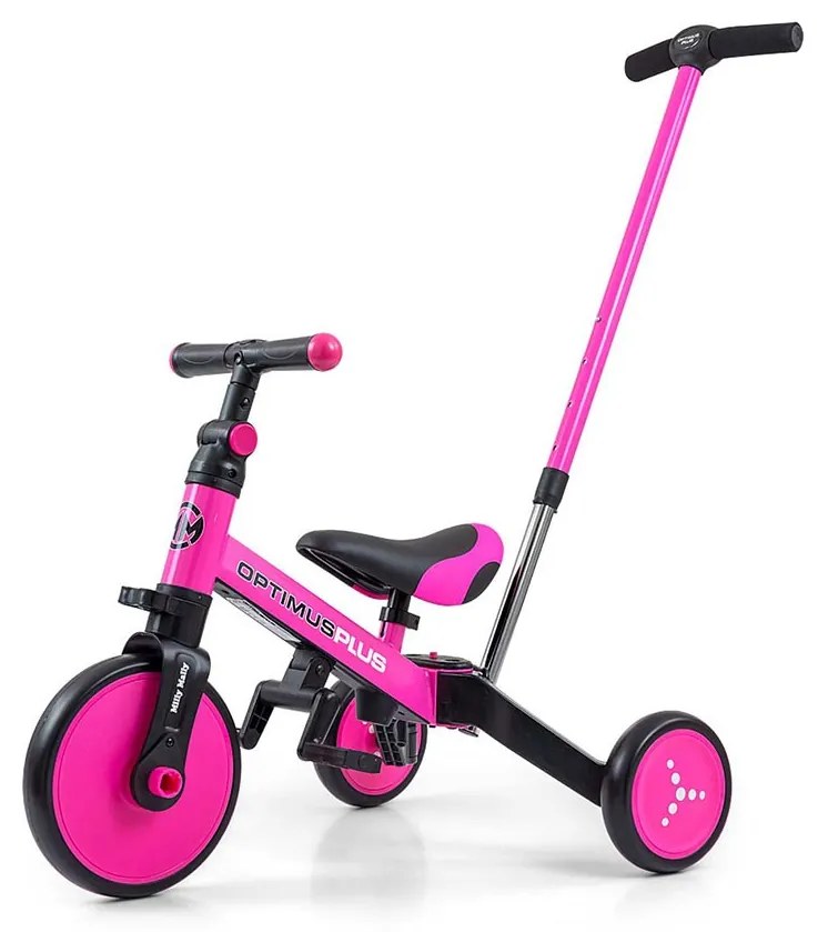 Gyerek háromkerekű bicikli 4az1-ben Milly Mally Optimus Plus tolókarral pink