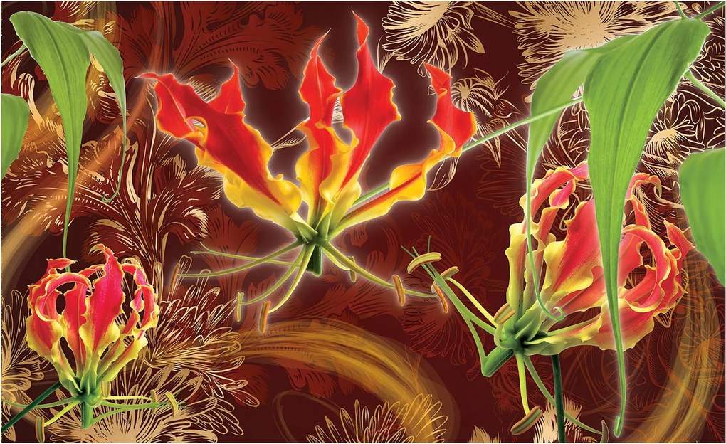 Fotótapéta Piros virágok zölddel és arannyal 254x184 vinil +ragasztó