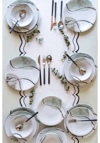 24 részes porcelán étkészlet, szürke/zöld