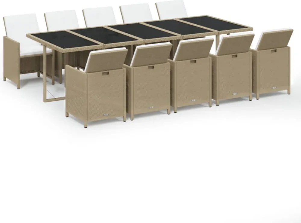 vidaXL 11 részes bézs polyrattan kerti étkezőgarnitúra párnákkal