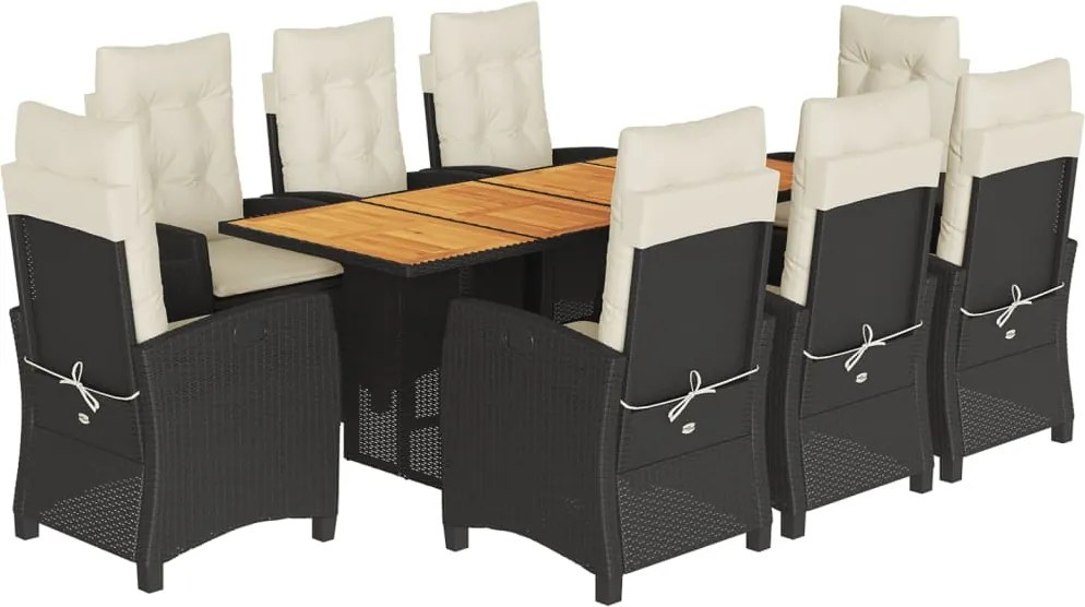 vidaXL 9 részes fekete polyrattan kerti étkezőgarnitúra párnákkal