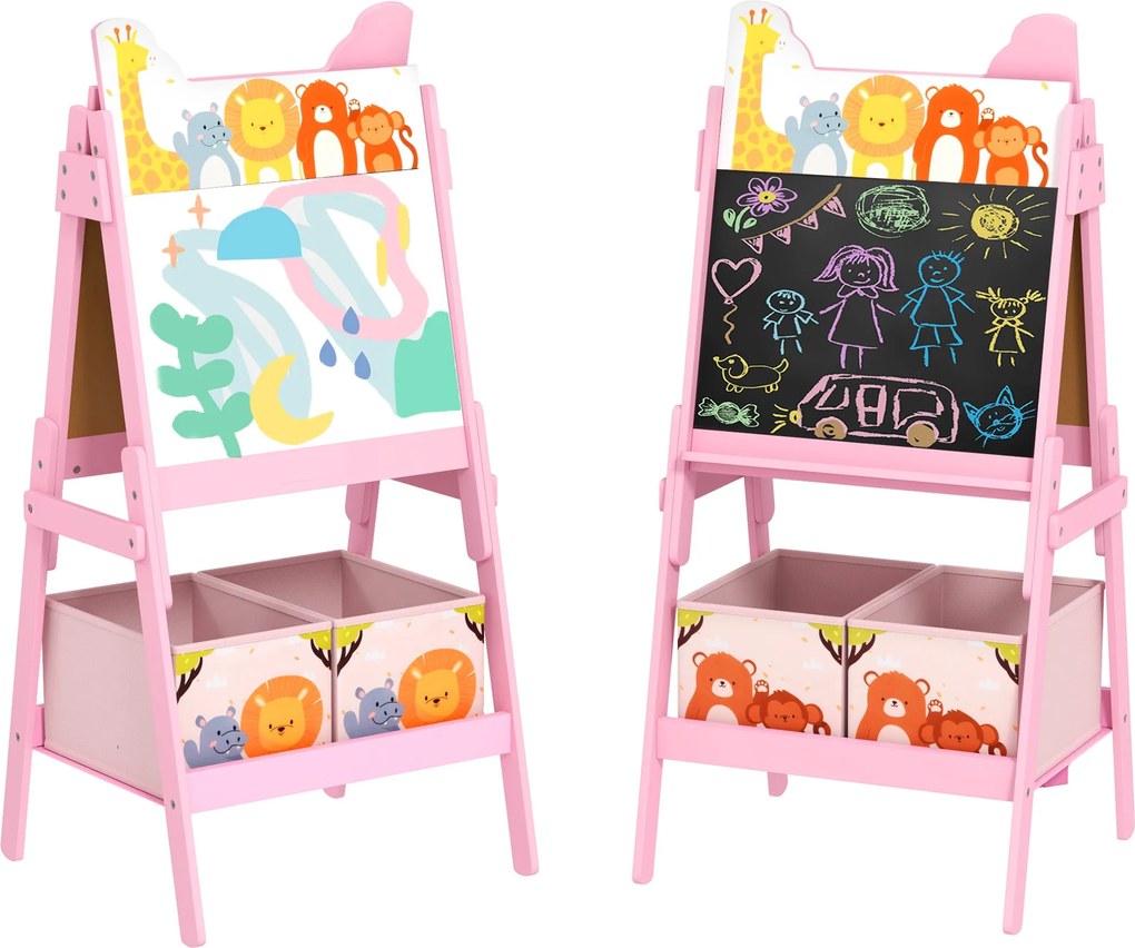 AIYAPLAY 2 az 1-ben Gyermek Festőállvány, Kétoldalas Gyerek Festőállvány, Kreideboard, Fehér Tábla, Tárolódobozokkal, 3-8 Éves Gyerekeknek, Rózsaszín