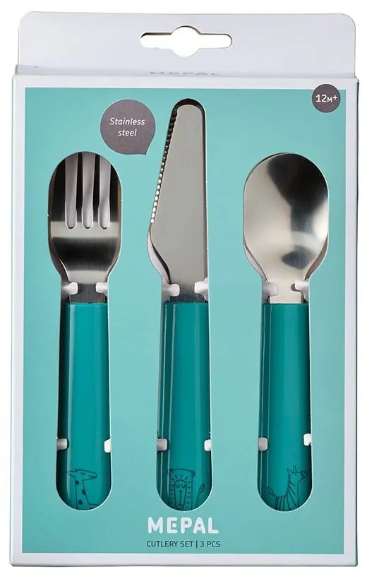 Türkiz-ezüstszínű rozsdamentes acél gyerek evőeszköz szett 3 db-os Deep turquoise – Mepal