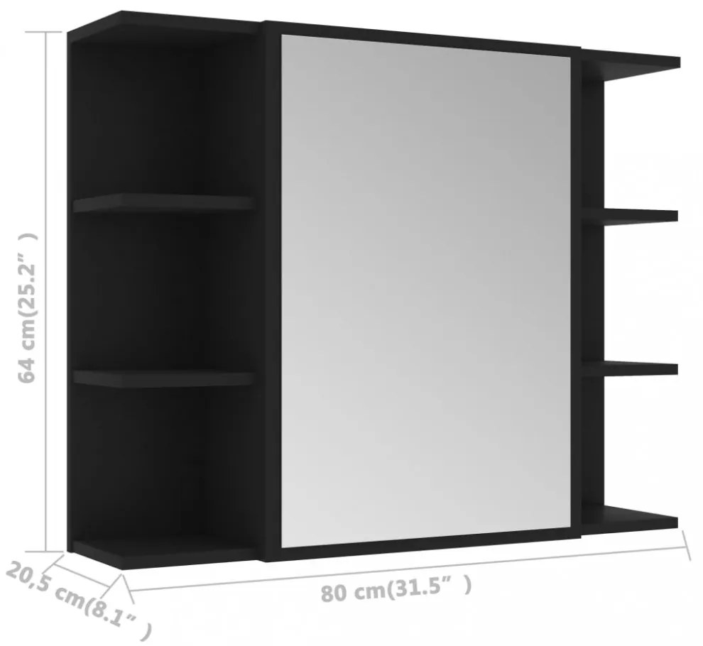 fekete szerelt fa fürdőszobai tükör 80 x 20,5 x 64 cm