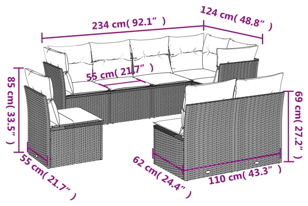 8 részes barna polyrattan kerti ülőgarnitúra párnákkal