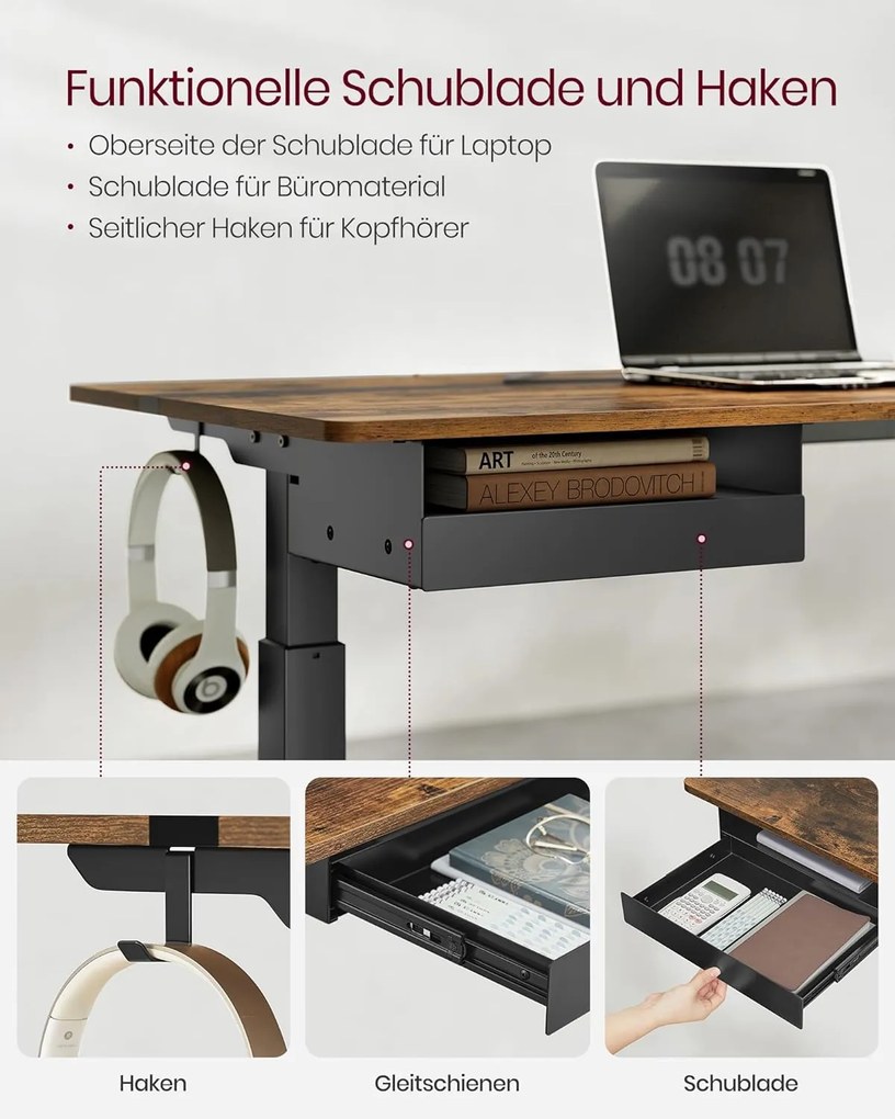 Elektromosan állítható íróasztal beépített aljzatokkal, 2 USB-porttal, fiókkal és 4 memóriahellyel, 140 x 60 x 72–120 cm, vintage barna/fekete