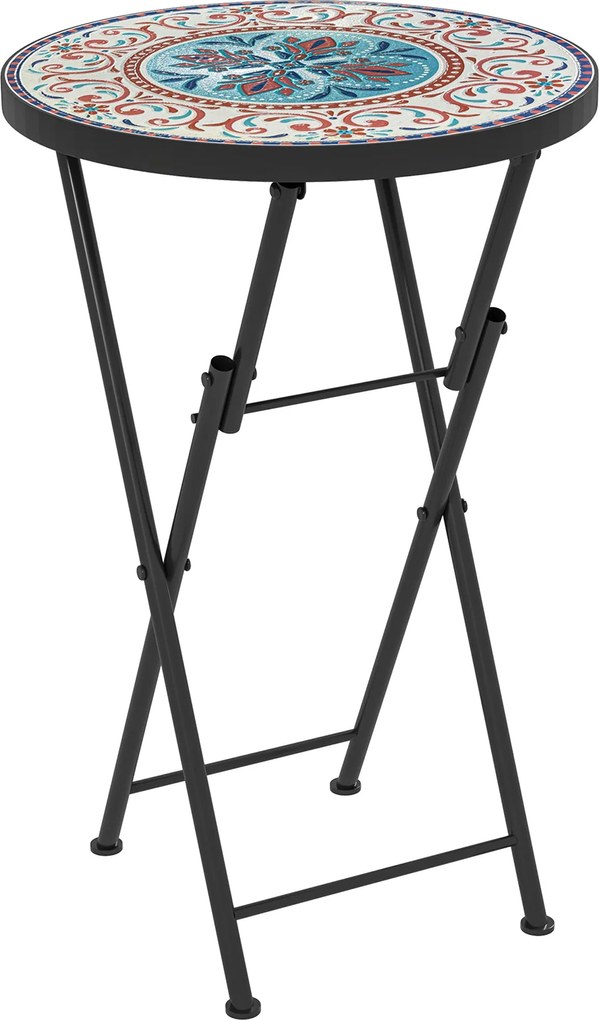 Outsunny Összecsukható Oldaltábla Kerti Asztal Mozaik Mintával, Ø35.5 x 55 cm Kerek Időjárásálló Fém Erkély Asztal, Kemping Asztal, Összecsukható Kávé