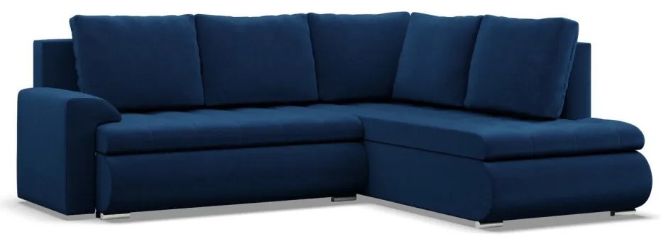 Tokio sarokkanapé, L alakú háttámlával, 2 ágyneműtartóval, bársony, jobboldali, kék