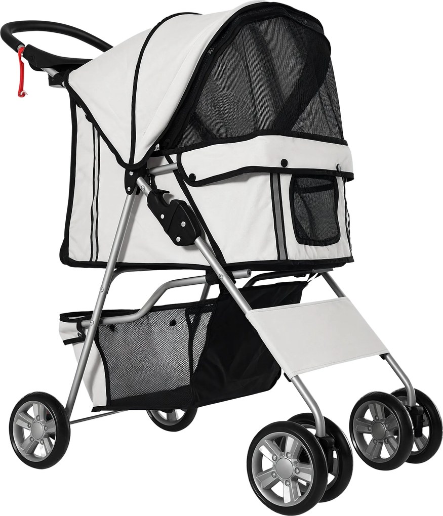 PawHut Kutyakocsi, Összecsukható Kutyakocsik Kisméretű és Miniatűr Kutyák Számára, Macskakocsi Tárolókosárral, Pohártartóval, Hálós Ablakokkal, Ezüst