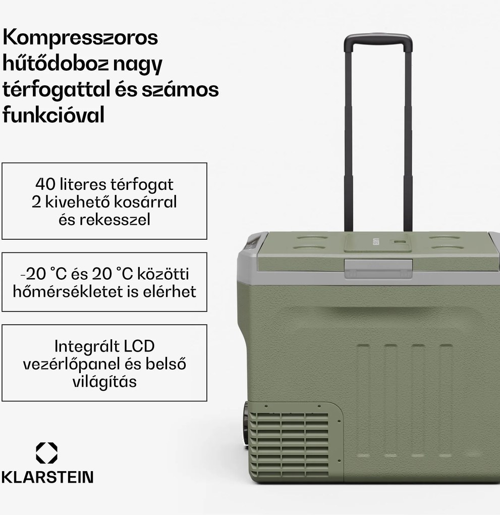 Klarstein PolarForce 40L kompresszoros hűtődoboz, LCD panel, világítás, off-road, akkumulátorvédelem, 12V/230V