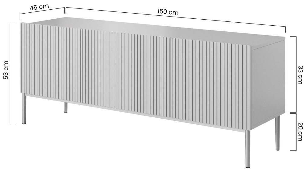 Nicole TV-szekrény 150 cm fém lábakkal fiókkal - matt fekete / arany lábak
