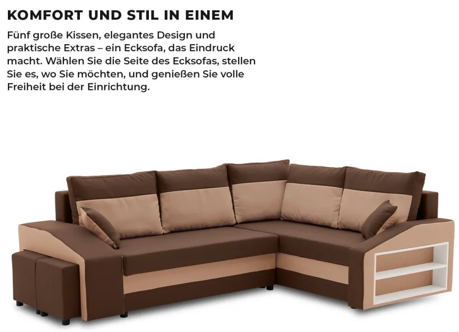 Grande sarokkanapé polcokkal és puffokkal , polc a jobb karfaban puffok a bal karfaban, jobboldali, szövet anyag, bonell töltet, barna