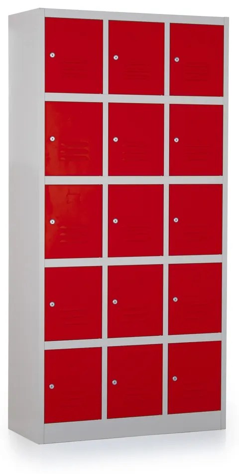 Fém szekrény - 15 doboz, 90 x 40 x 185 cm, hengerzár, piros - ral 3000