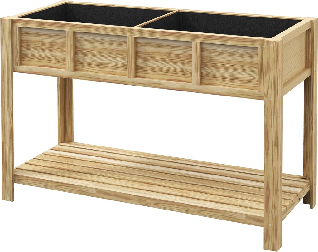Outsunny Emelt Fa Ültetőágy - Ültető Kihúzható Elválasztóval, Polccal, Öntöző Betétekkel, Draináló Filccel - Méretek: 115L x 46W x 75H cm - Masszív Lu