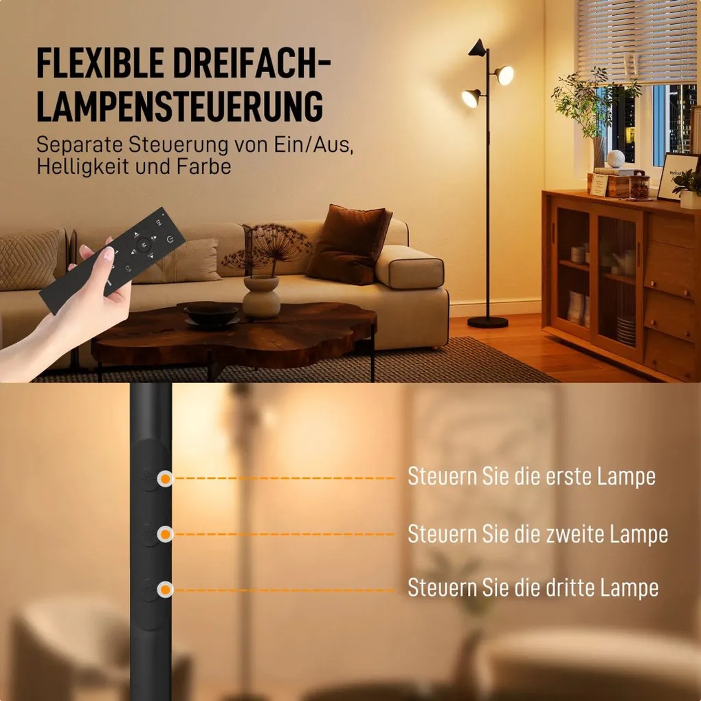HOMCOM Állólámpa olvasólámpával, RGB színváltós, 3 forgófej, távirányítóval fekete
