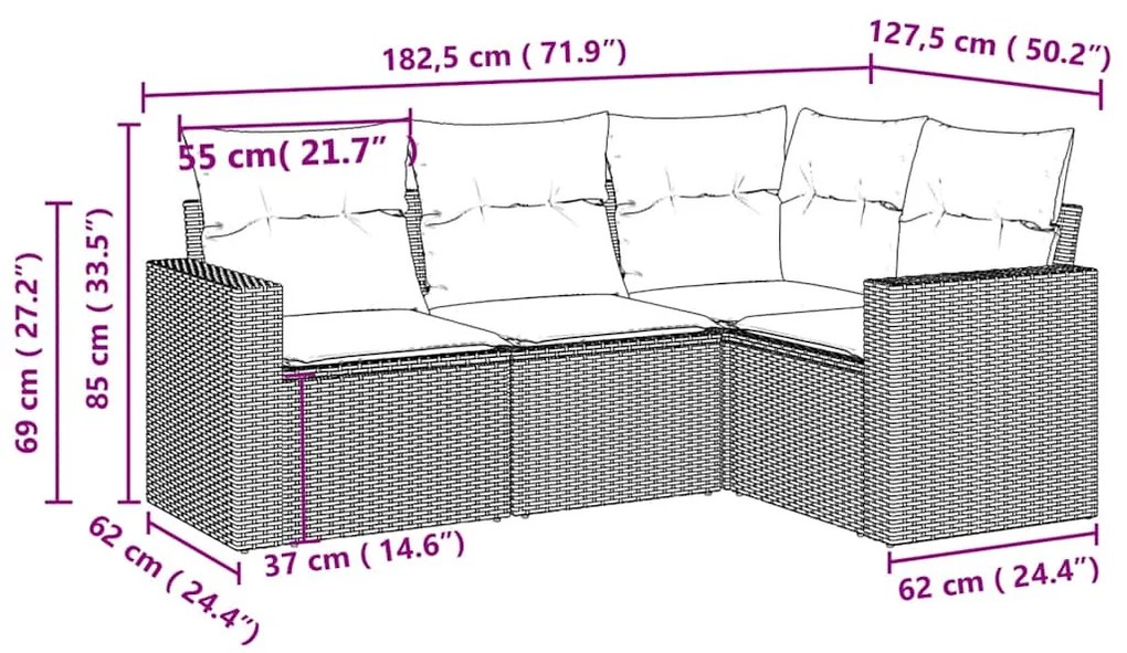 vidaXL 4 részes világosszürke polyrattan kerti ülőgarnitúra párnákkal