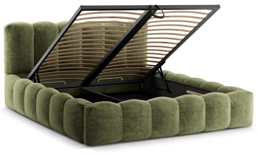 Zöld kárpitozott ágyneműtartós franciaágy ágyráccsal 200x200 cm Lupine – Micadoni Home