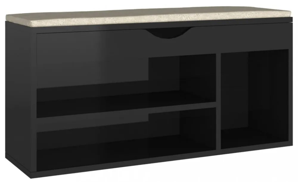 magasfényű fekete cipőtároló pad párnával 104 x 30 x 49 cm