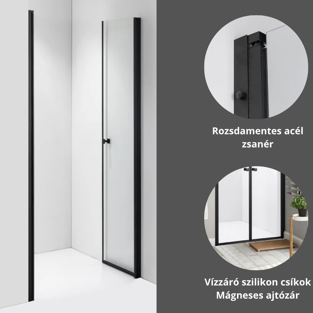 Stuxi Roma Black 80 cm széles kétszárnyú nyíló zuhanyajtó, 6 mm vízlepergető üveggel, matt fekete profillal, 195 cm magas