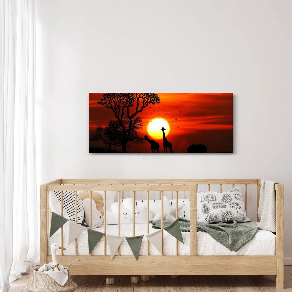 Kép - Állatok sziluettjei napnyugtakor (120x50 cm)