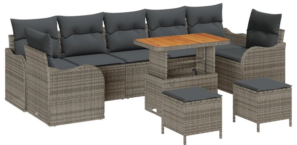 10 Darabos Kerti Sofa Szett Párnákkal Szürke Poli Rattan Akácia