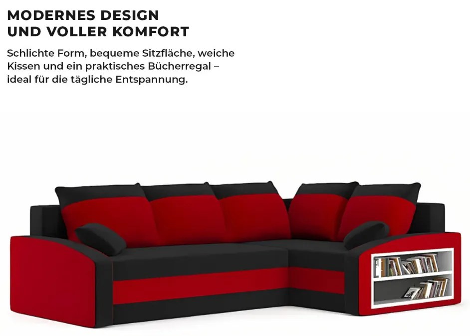 Grande sarokkanapé polcokkal , polc a jobb karfaban, jobboldali, szövet anyag, hab töltet, fekete - piros