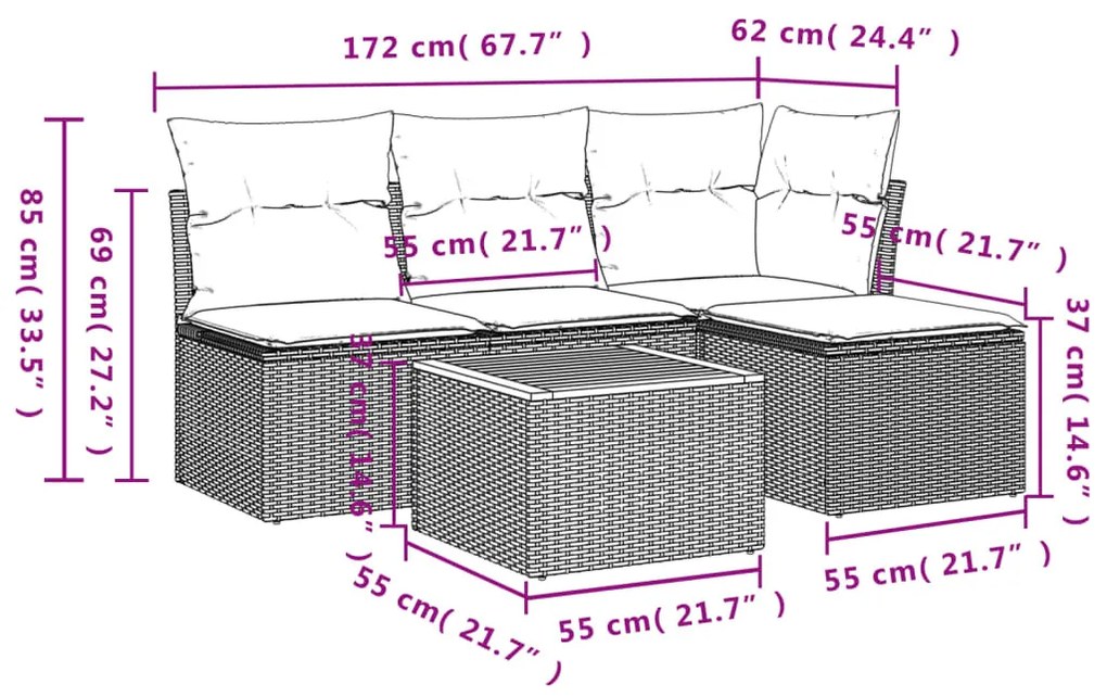 5 részes bézs polyrattan kerti ülőgarnitúra párnákkal