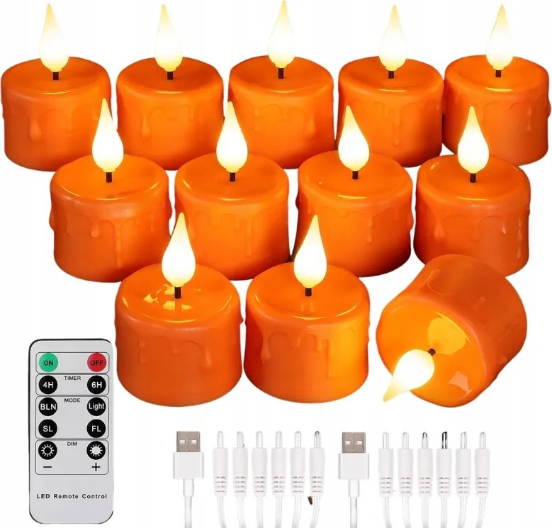 Gyertyák Tealights Halloween Narancssárga Led 12db Tölthető Usb Távirányító