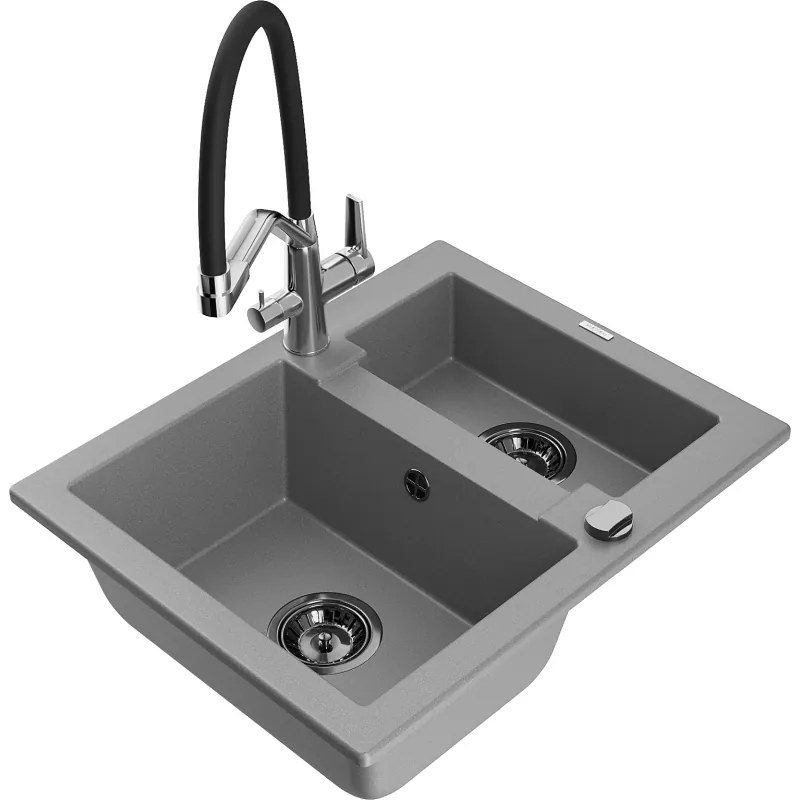 Mexen Carlos 1,5-medencés gránit mosogatótálca csapteleppel Duo, szürke - 6518-71-671701-07-B