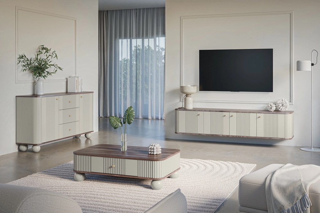 Vesper 4D függő TV-szekrény 187 cm - kasmír / diófa / arany fogantyúk