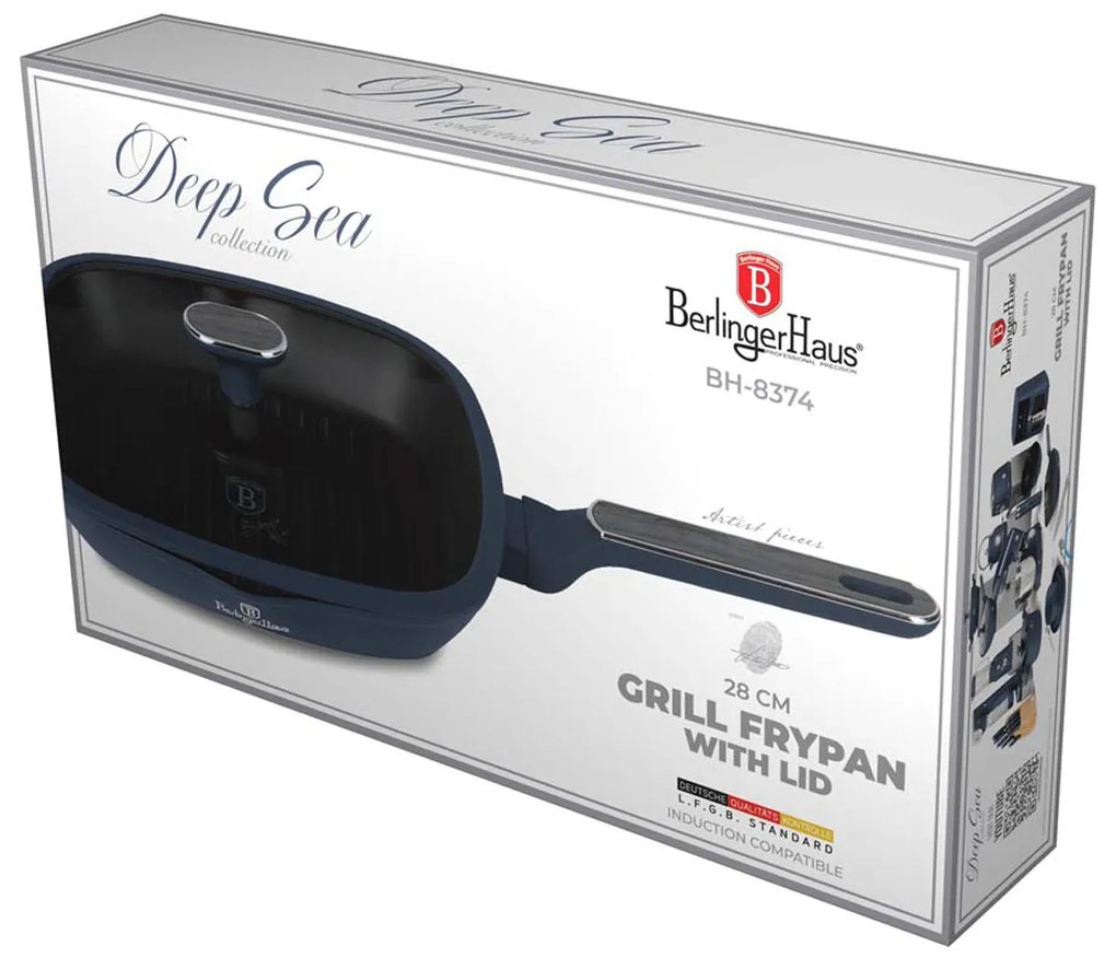 BerlingerHaus tapadásmentes indukciós grill serpenyő fedővel 28 cm Deep Sea