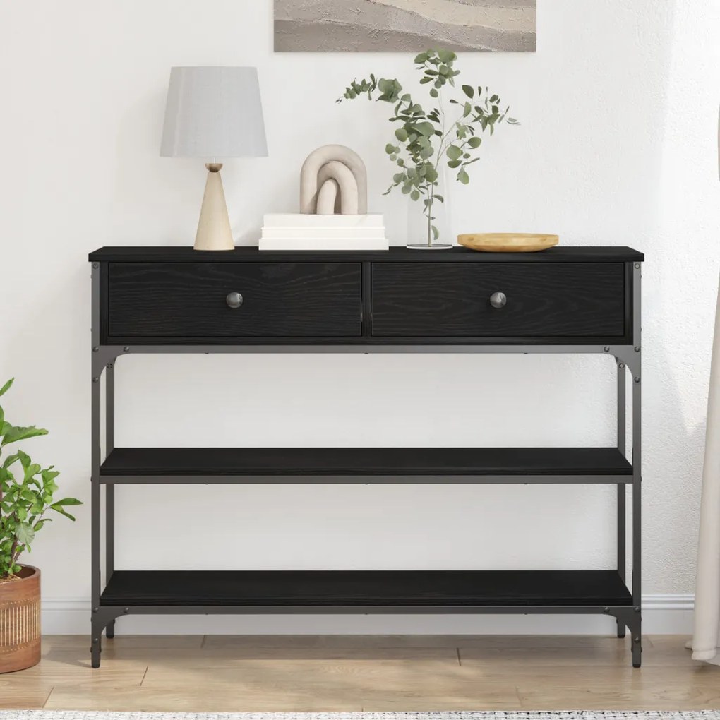 Fiókos Asztal Fekete Tölgy 100x25x75 cm Műanyag Fa és Acél