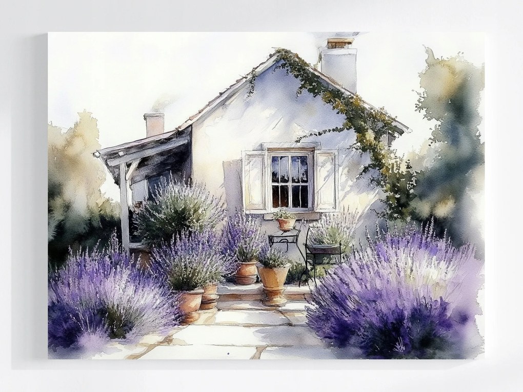 Vászonkép Canvas Tájkép Ház Kunyhó Kert Terasz Virágok Levendula 80x60