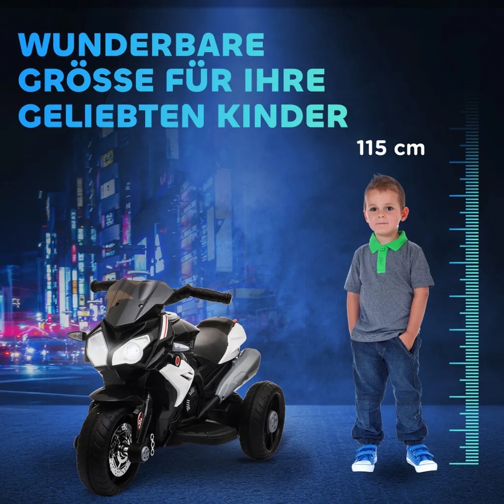 HOMCOM Elektromos Gyerekmotor, fények és hangok, 3 km/h, újratölthető, műanyag és fém, fekete-fehér