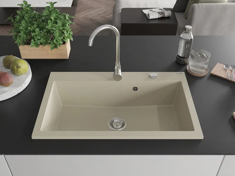Mexen Elix gránit mosogató 1-medencés 800 x 500 mm, bézs, króm szifon - 6527801005-69