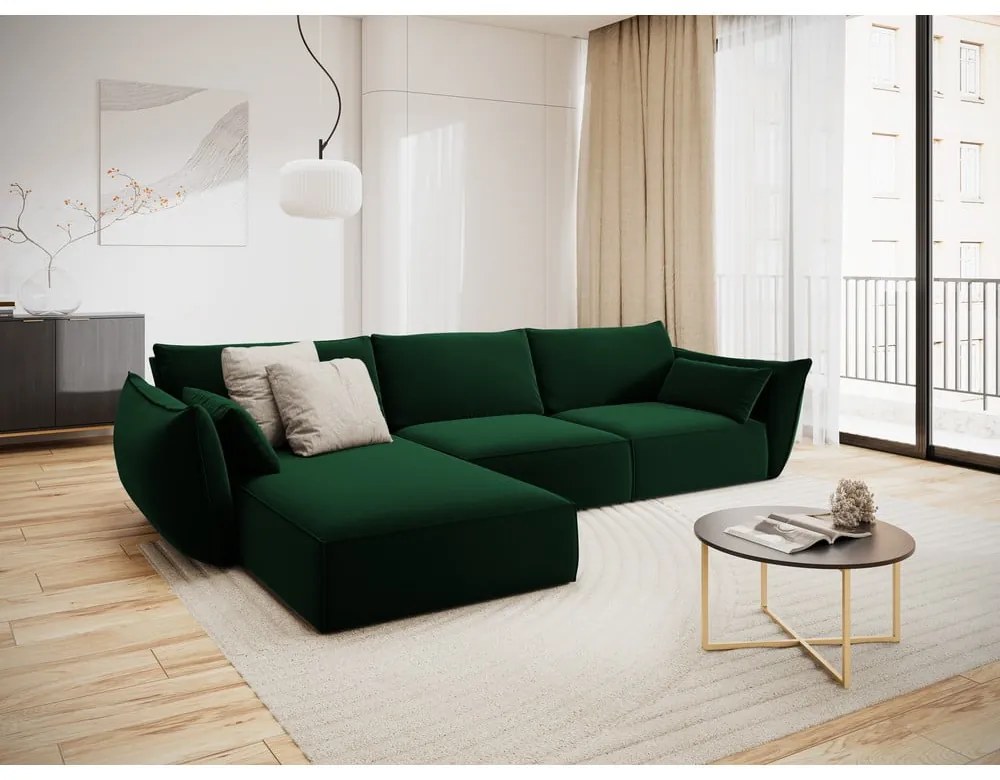 Sötétzöld bársony sarokkanapé (bal oldali-heverő résszel) Vanda – Mazzini Sofas