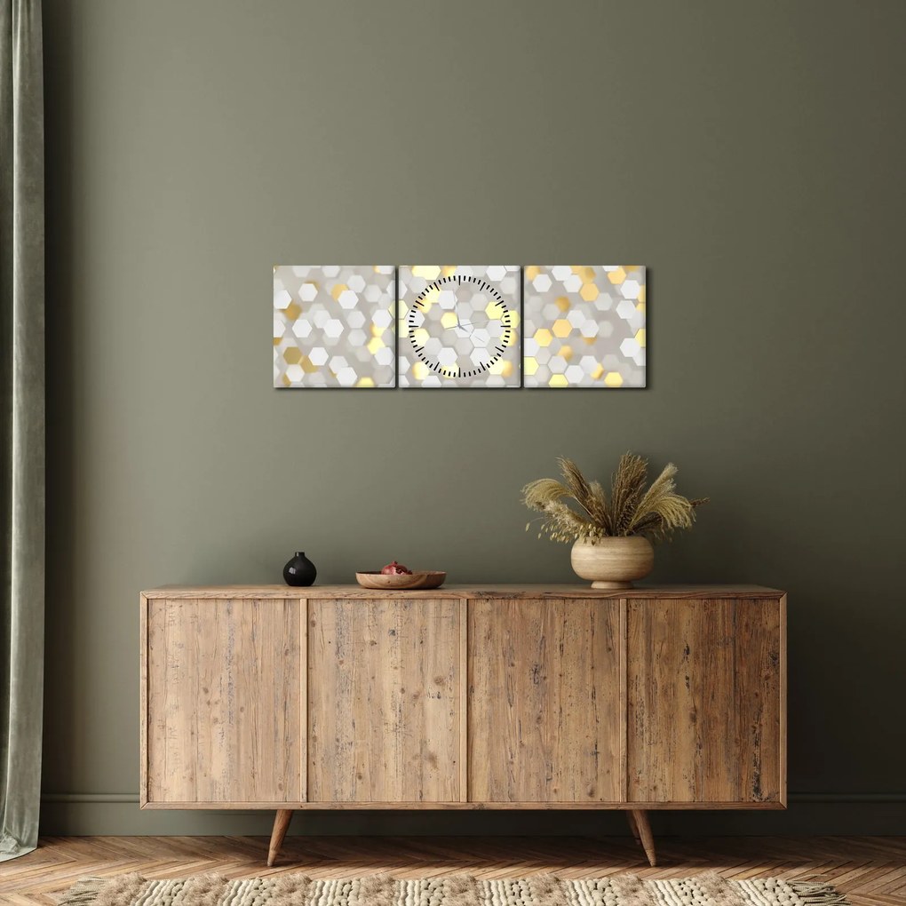 Kép - Arany és fehér hatszögek (órával) (90x30 cm)