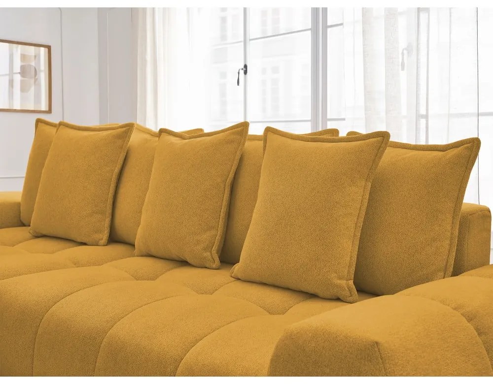 Mustársárga zsenília kinyitható-tárolóhelyes sarokkanapé (bal oldali-heverő résszel) Everest – Bobochic Paris