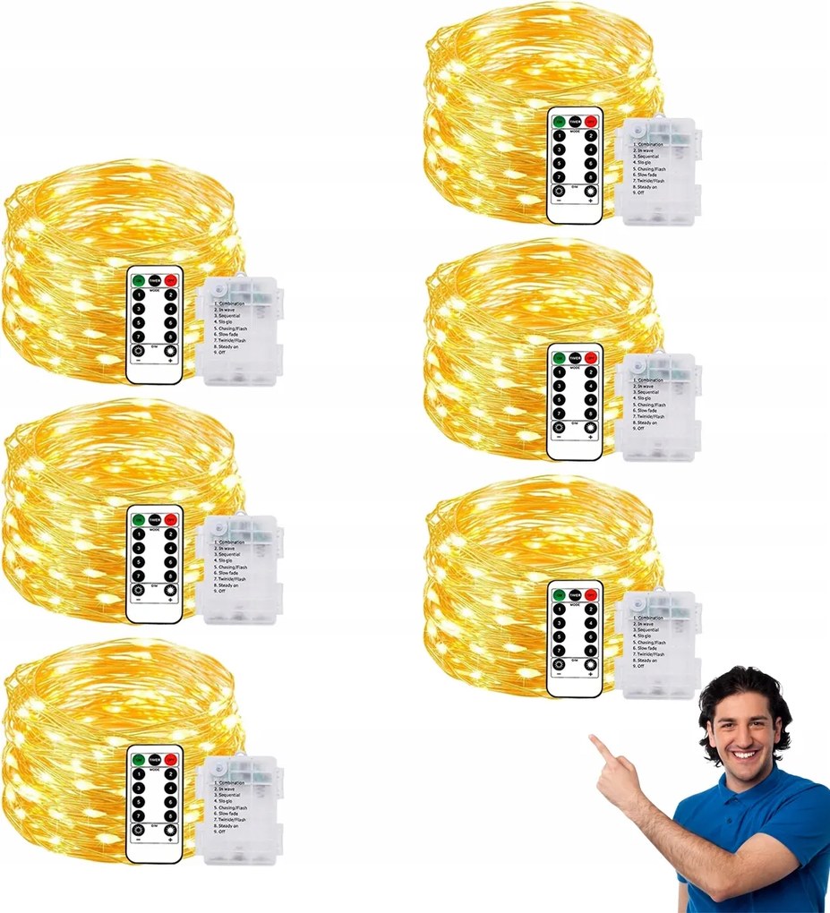 Drót Lámpa 50LED Meleg Fehér Fény Mikro Damil Elemes Fény