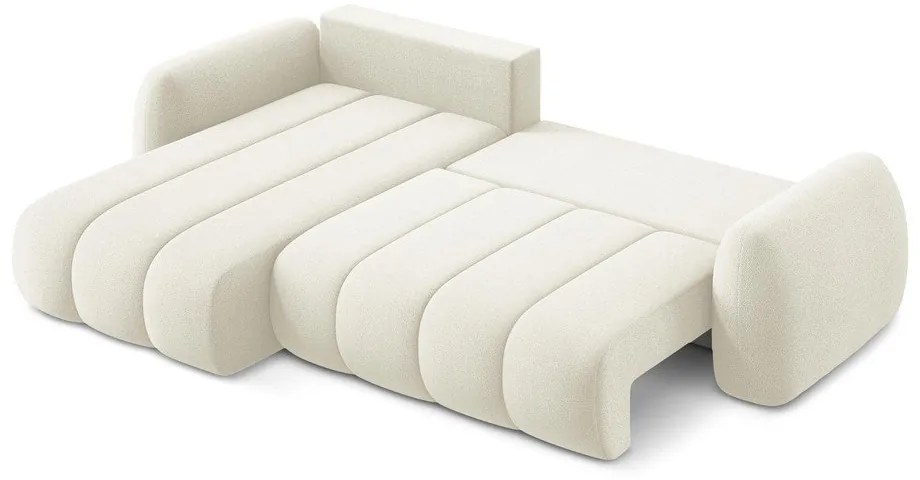 Bézs buklé kinyitható-tárolóhelyes sarokkanapé (bal oldali-heverő résszel) Pele – Makamii