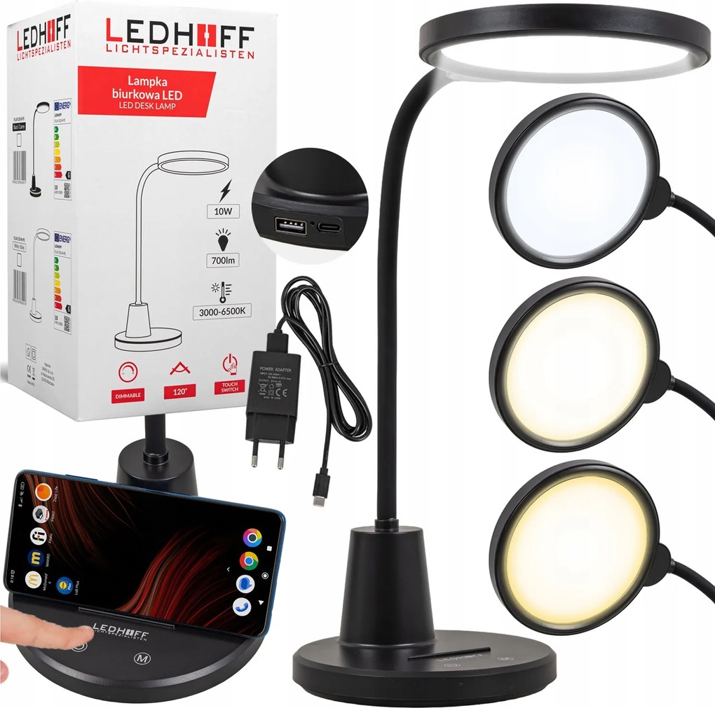 LED-es iskolai asztali lámpa íróasztalra 3 fényszín Fekete Érintőképernyős