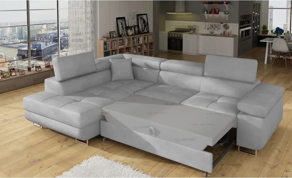 Világosszürke bársony kinyitható-tárolóhelyes sarokkanapé (bal oldali-L alakú) Anton – ELTAP