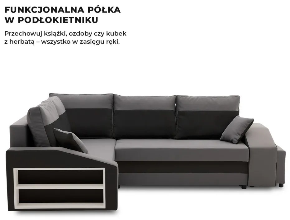 Grande sarokkanapé polcokkal és puffokkal , polc a bal karfaban puffok a jobb karfaban, baloldali, szövet anyag, hab töltet, szürke - fekete