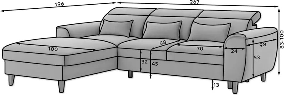 Szürke bársony kinyitható-tárolóhelyes sarokkanapé (jobb oldali-heverő résszel) Foble – ELTAP
