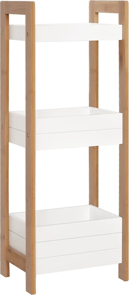 HOMCOM Fürdőszobai Polc 3 Polccal Bambusz Tároló Szervező Konyhába, Nappaliba, Mosókonyhába 27,5x20,8x74 cm Fehér és Természetes | Aosom
