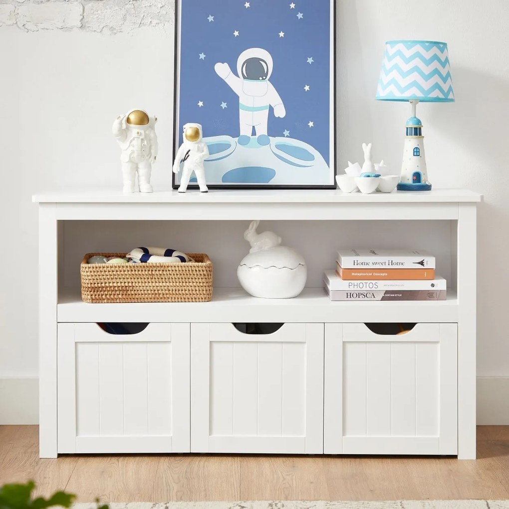 Tároló szekrény, játéktároló, 3 gurulós, kihúzható tárolódobozzal, fehér 102 x 30 x 60 cm