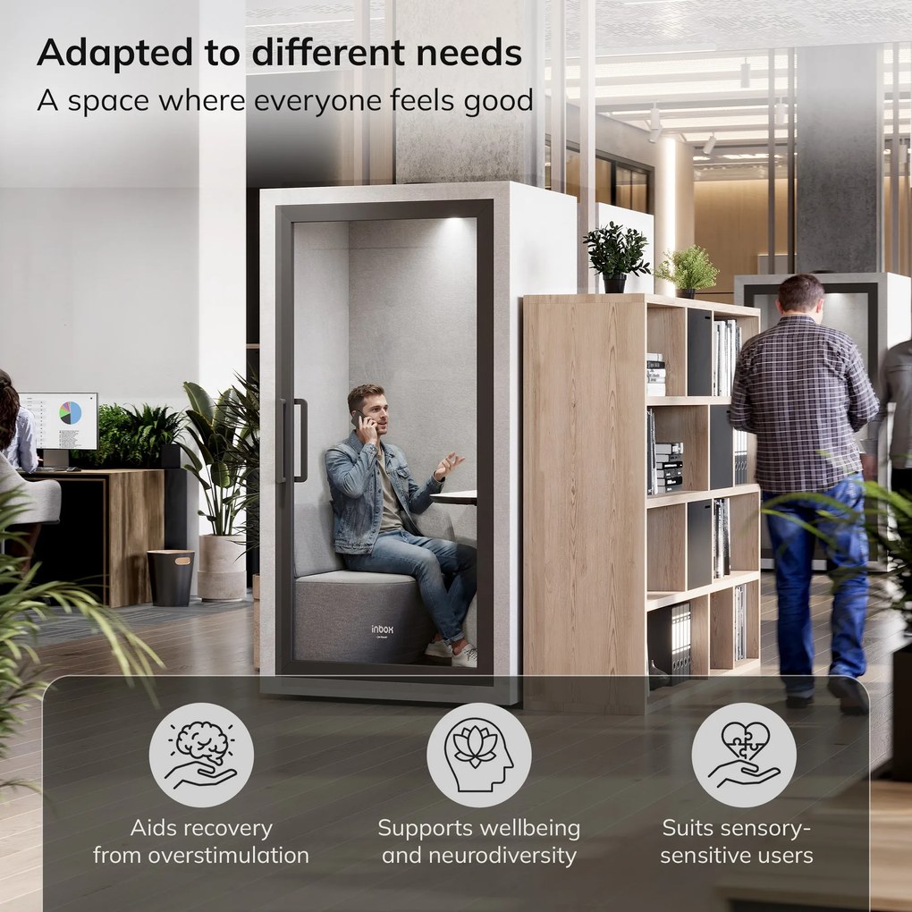 INBOX akusztikai irodai fülke 1 személyes, 2100 × 1100 × 900 mm