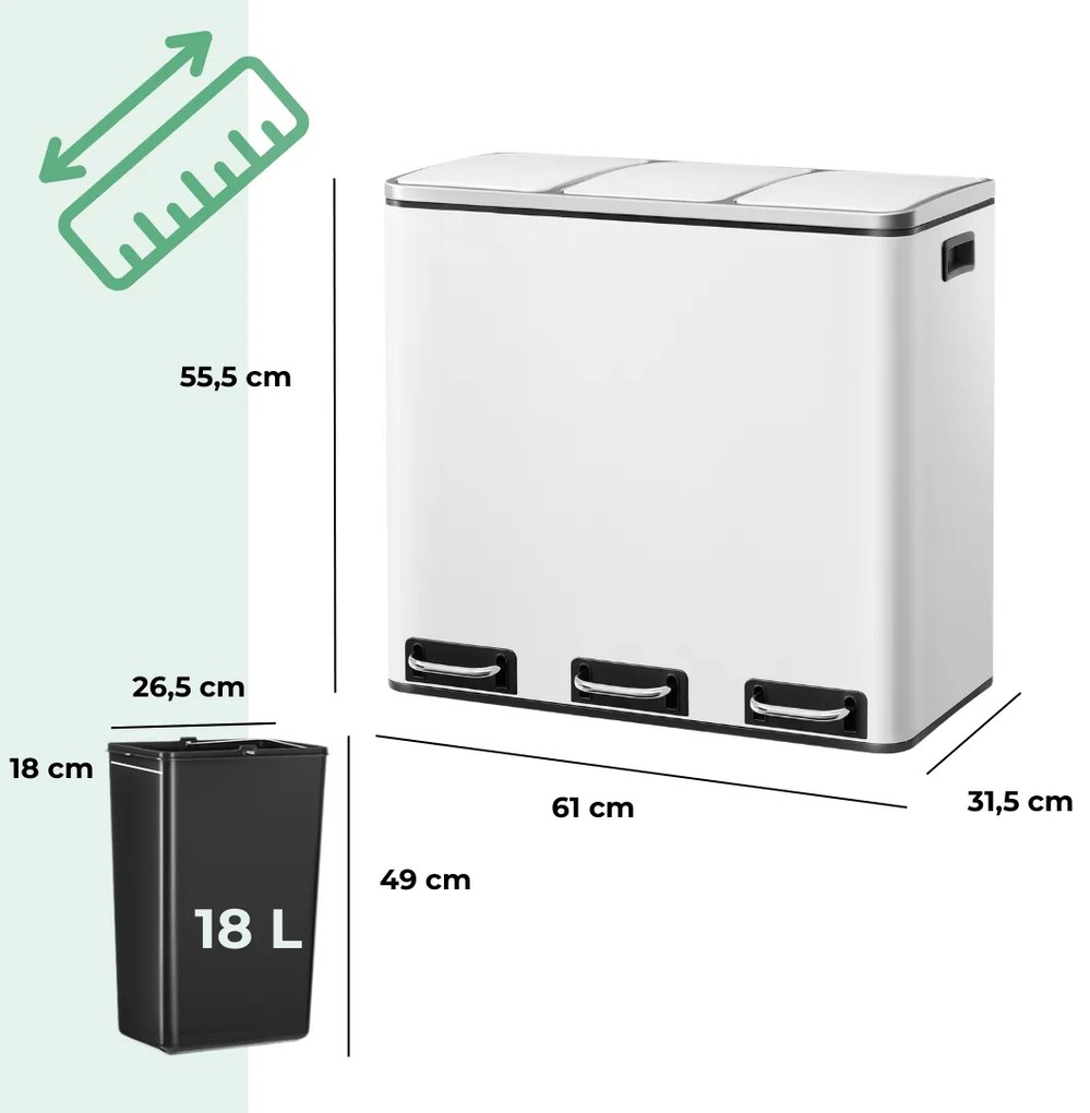 Jurhan SORT szelektív hulladékgyűjtő, 54l (3x18l) + hulladékgyűjtő zsákok, fehér