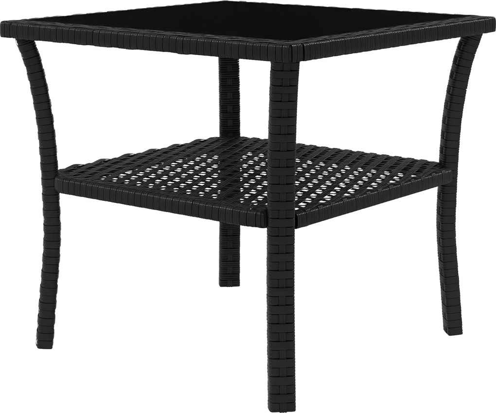 Outsunny kültéri PE-rattan kisasztal, 50 x 50 x 45 cm – időjárásálló négyzet bistroasztal polccal és edzett üveg felsővel, 4 személyes, fekete | Aosom